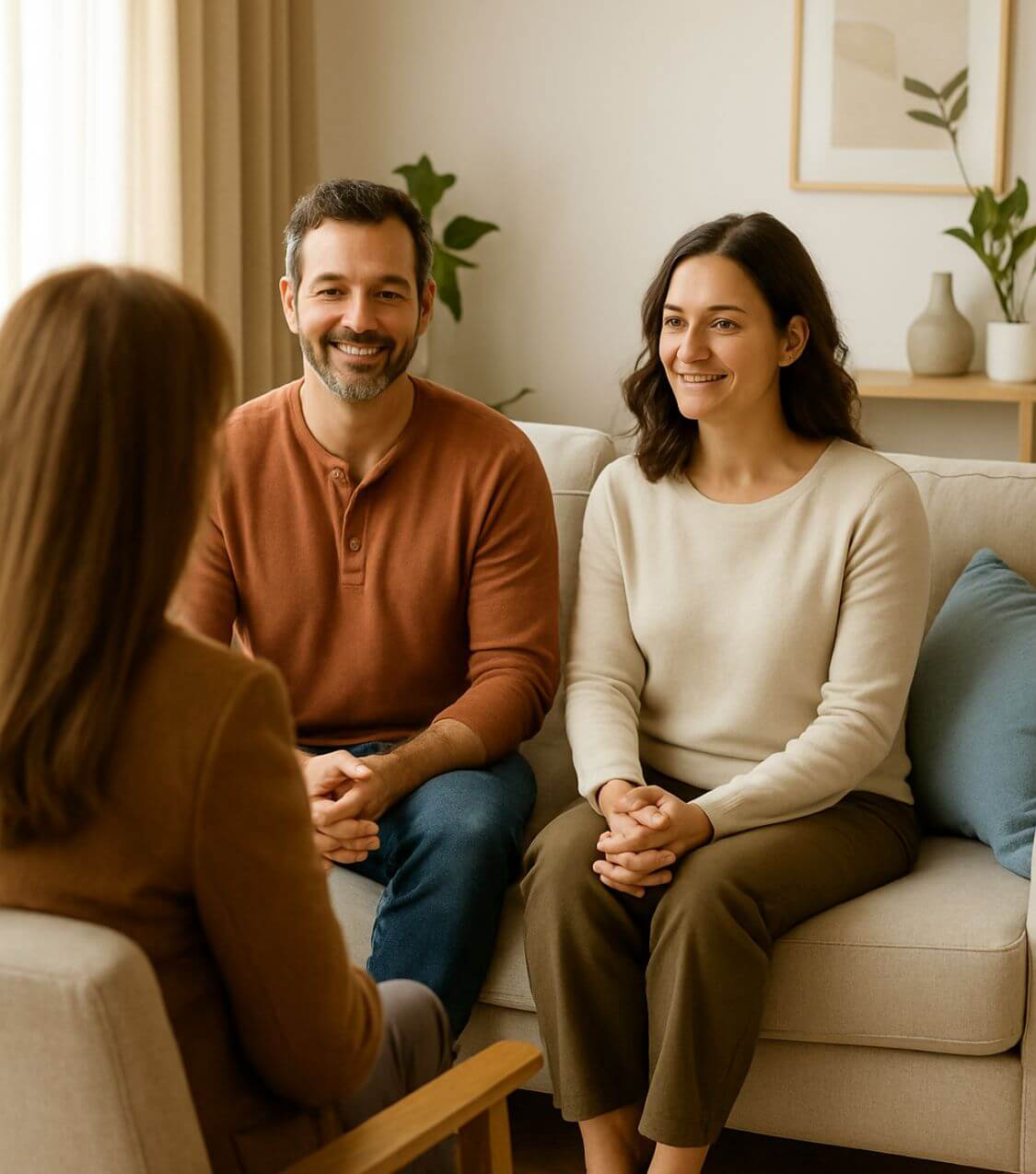 Happy couple sitting on a couch close together smiling as a therapist speaks to them. Begin to deepen the connection you have with your partner and connect in positive ways with couples counseling in Miami, FL.