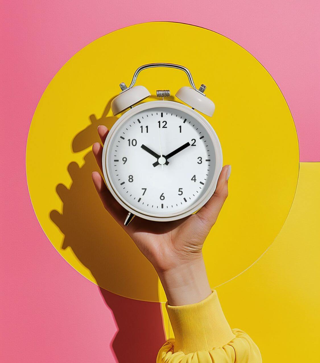 Hand holding up an alarm clock in front of a yellow and pink background. If you're feeling distance in your relationship and struggling to connect, find support with couples therapy in Miami, FL.