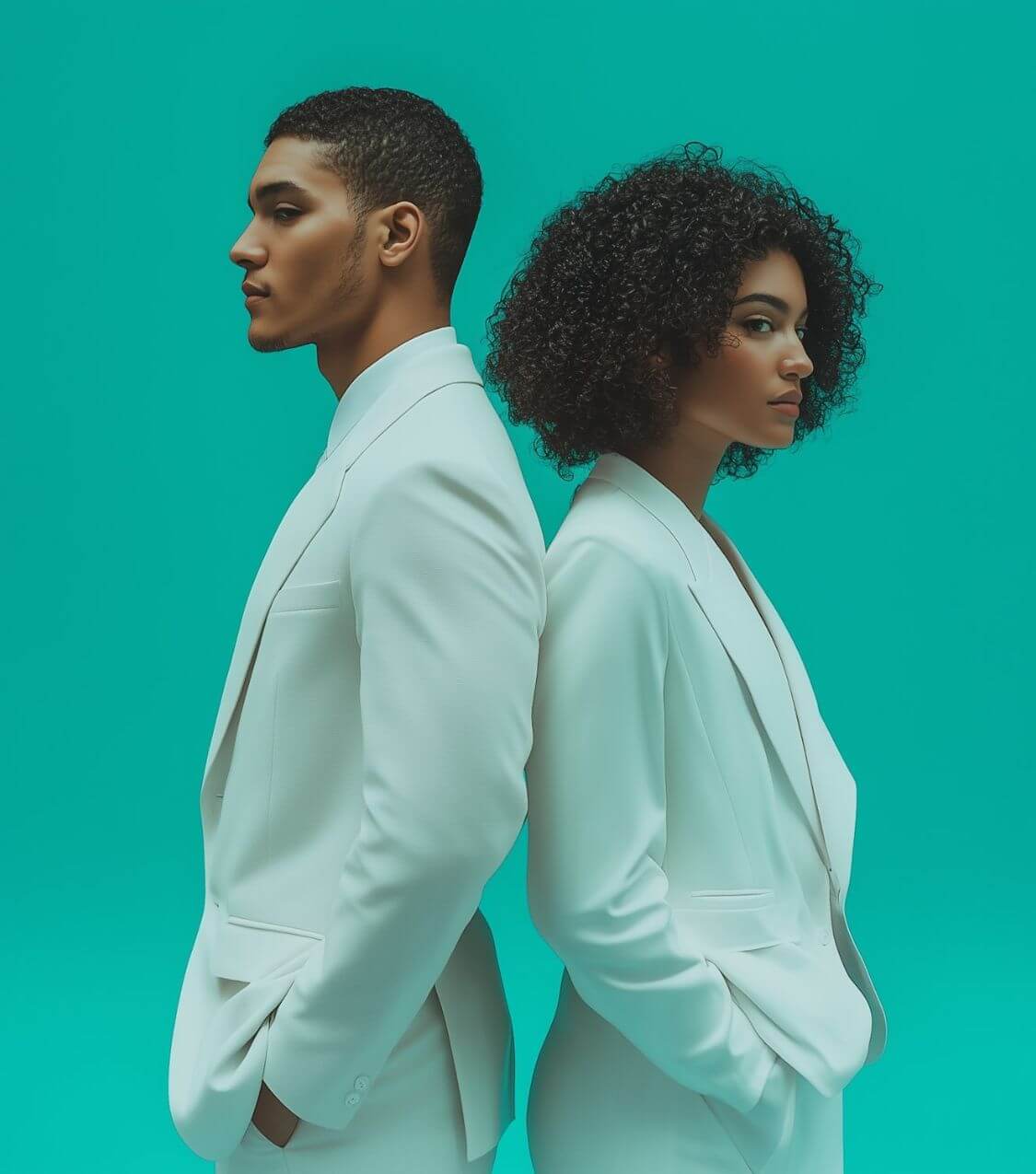 A couple standing back-to-back in matching white suits with serious expressions. Break through disconnection and find hope with a couples therapist offering couples therapy in Miami, FL.
