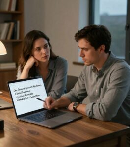A couple sitting together reviewing a structured approach to affair recovery. Exploring what works best for healing after infidelity. Couples therapy and infidelity counseling serving Aventura, Delray Beach, and Sarasota. You don't have to heal on your own from infidelity - contact Idit Sharoni LMFT and start your recovery today.