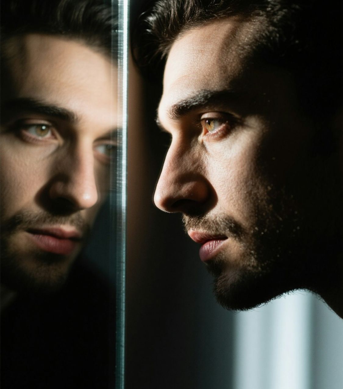 Close-up profile of a pensive man resting against a glass surface with his reflection beside him, gazing toward the light — asking is my marriage worth saving and looking for signs your marriage is worth saving, with a licensed Florida couples therapist in Miami, Aventura, and Ft. Lauderdale. Book a couples therapy consultation today.
